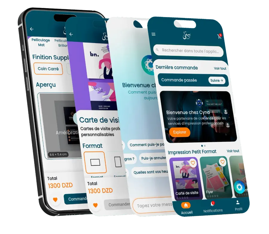 Four screens from the Cyna app: configuration, business cards, assistant and home